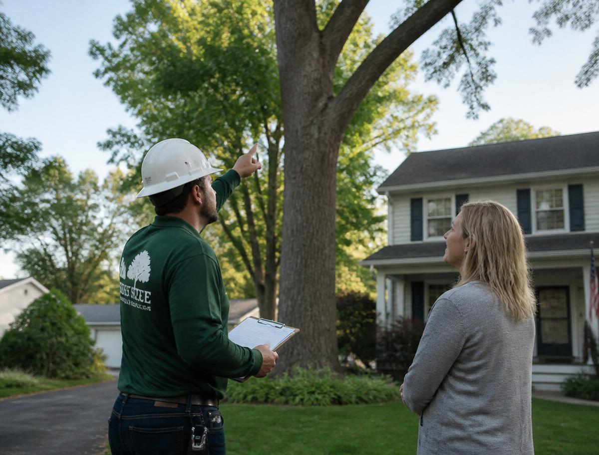 Arborist reviewing a tree assessment with a homeowner in their front yard
