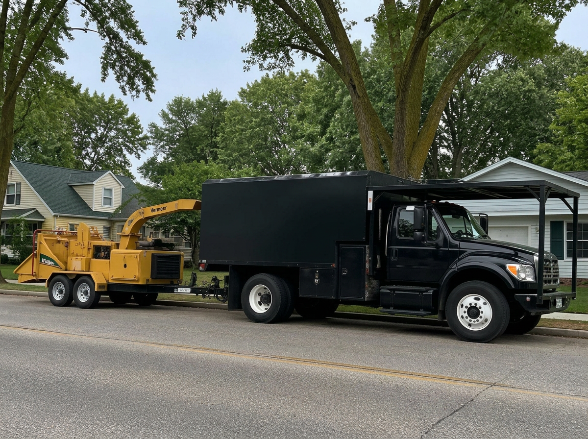 Tree service truck and chipper parked on a tree-lined West Michigan street
