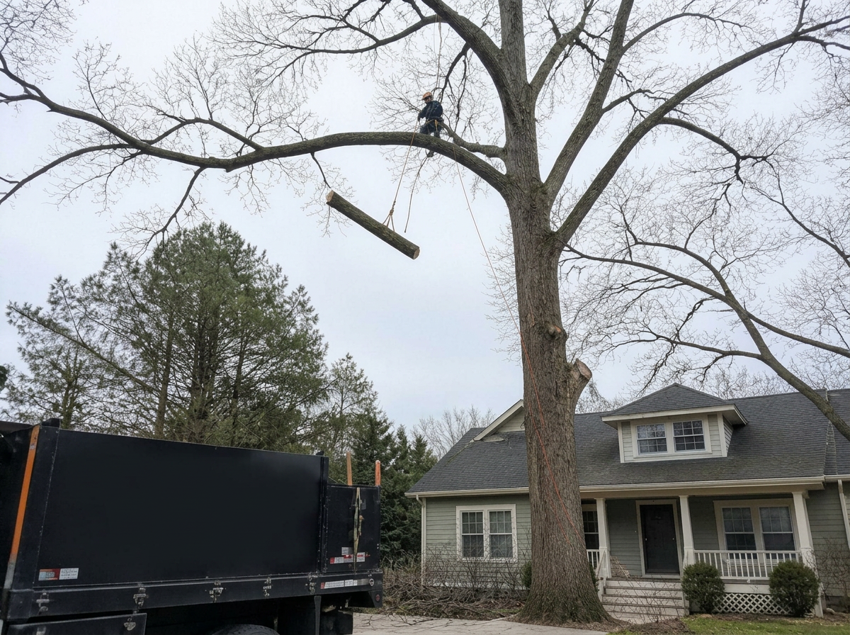 Certified climber rigging a heavy limb safely above a West Michigan home
