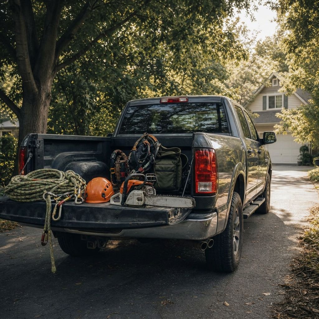 Diversified Tree Service work truck with climbing rope, helmet, and chainsaw at a residential job site in Grand Rapids MI