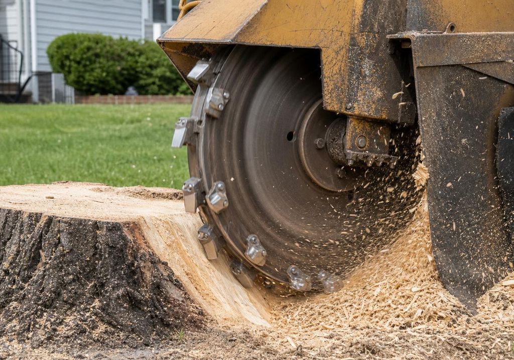Stump grinding below grade in Grand Rapids MI yard by Diversified Tree Service